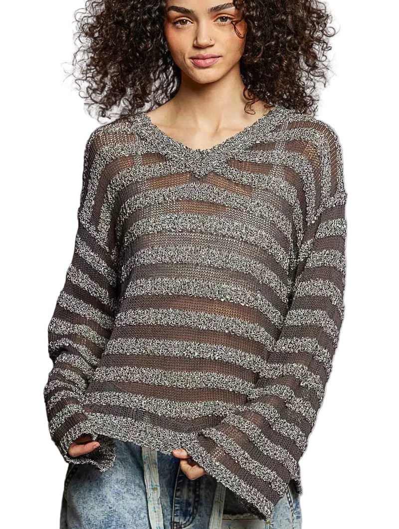 POL Women’s Casual Knit Top Black Stripe Pattern V-Neck Long Sleeve Blouse - Styleinger