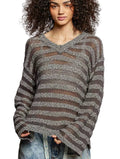 POL Women’s Casual Knit Top Black Stripe Pattern V-Neck Long Sleeve Blouse - Styleinger