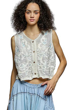 POL Women’s Cropped Crochet Vest Top – Floral Embroidery Button-Down Boho Summer Blouse
