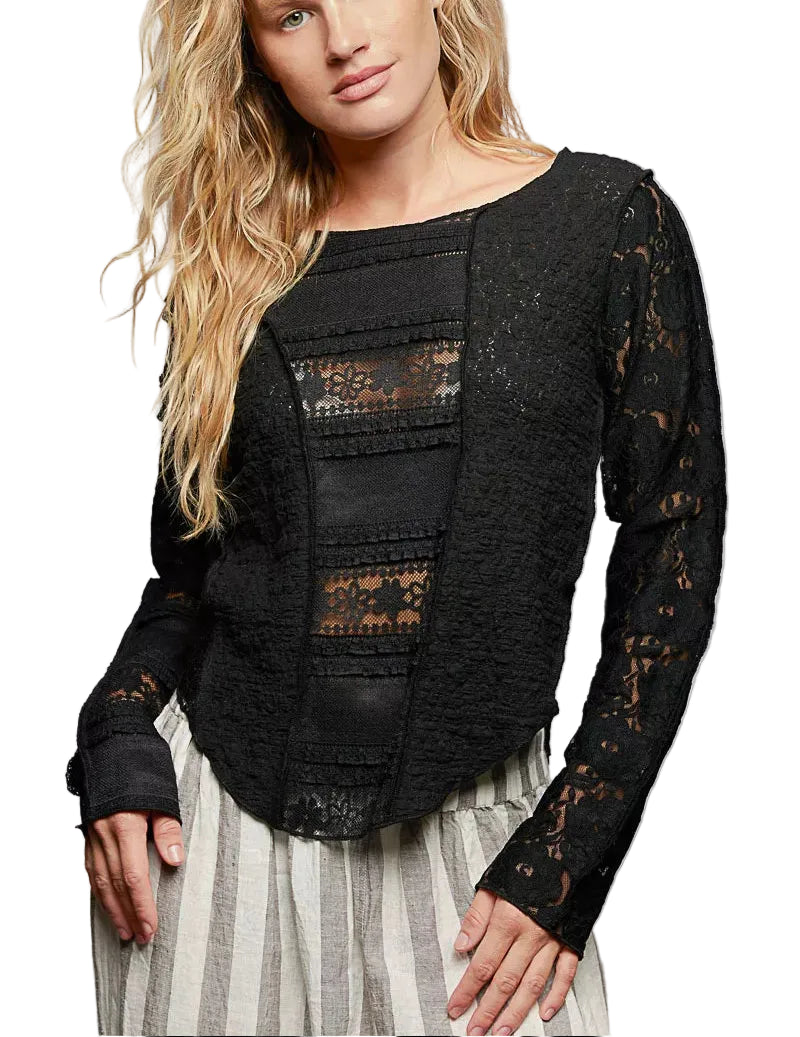 POL Round Neck Long Sleeve Exposed Seam Top with Lace Detail