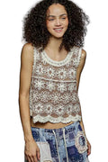 POL Women’s Floral Crochet Cropped Sleeveless Top – Round Neck Scalloped Edge Boho Tank