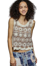 POL Women’s Floral Crochet Cropped Sleeveless Top – Round Neck Scalloped Edge Boho Tank