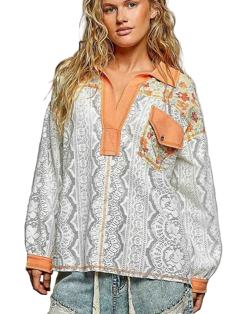 POL Women’s Floral Print Long Sleeve Lace Shirt with Front Pocket Casual Top - STYLEINGER