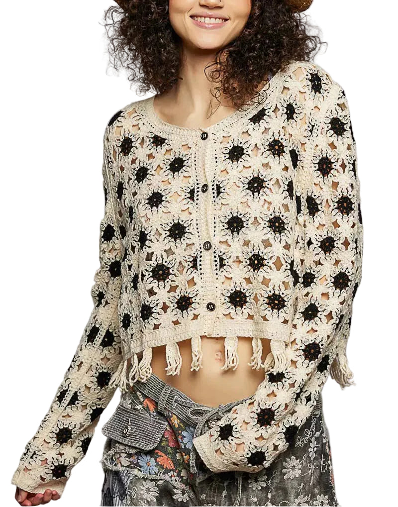 POL Women’s Openwork Floral Black Crochet Cardigan Tassel Hem Boho Layering Top- STYLEINGER