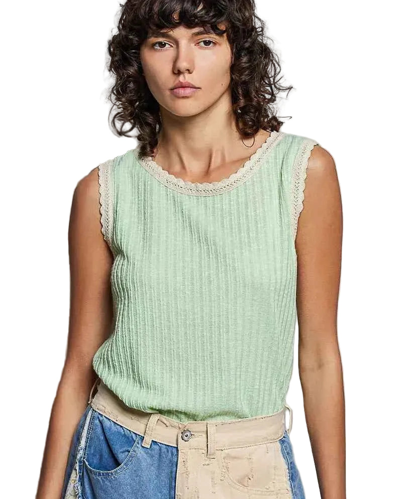 POL Women’s Ribbed Round Neck Tank with Lace Trim Casual Summer Knit Top - STYLEINGER