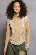 POL Women's Ribbed Top Floral Nude Beige Patch V-Neck Long Sleeve Blouse NUDE BEIGE POL_Women_s_Ribbed_Top_Floral_Nude_Beige_Patch_V-Neck_Long_Sleeve_Blouse Trendsi