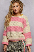 POL Women's Sweater Pink Contrast Striped Round Neck with Textured Cable Knit PINK STRIPE POL_Women_s_Sweater_Pink_Contrast_Striped_Round_Neck_with_Textured_Cable_Knit Trendsi