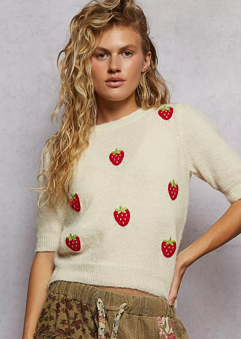 POL Women's Sweater Strawberry Patch Cream Round Neck with Shirring Shoulder Cream POL_Women_s_Sweater_Strawberry_Patch_Cream_Round_Neck_with_Shirring_Shoulder Trendsi