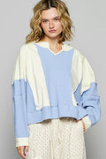 POL Women's Sweatshirt Cream Blue Color Block Waffle Knit Raw Hem Top CREAM MULTI POL_Women_s_Sweatshirt_Cream_Blue_Color_Block_Waffle_Knit_Raw_Hem_Top Trendsi