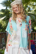POL Womens Blouse Aqua Lace Round Neck Short Sleeve Floral Top AQUA POL_Womens_Blouse_Aqua_Lace_Round_Neck_Short_Sleeve_Floral_Top Trendsi