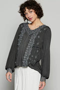 POL Womens Blouse Black Floral Embroidery Woven Top with Lace Trim Black POL_Womens_Blouse_Black_Floral_Embroidery_Woven_Top_with_Lace_Trim Trendsi