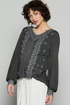POL Womens Blouse Black Floral Embroidery Woven Top with Lace Trim Black POL_Womens_Blouse_Black_Floral_Embroidery_Woven_Top_with_Lace_Trim Trendsi