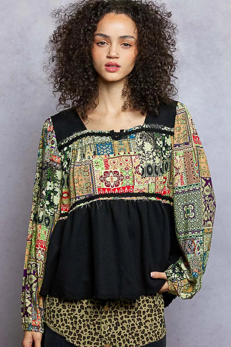 POL Womens Blouse Black Peplum Balloon Sleeve with Trim Detail Top Black POL_Womens_Blouse_Black_Peplum_Balloon_Sleeve_with_Trim_Detail_Top Trendsi