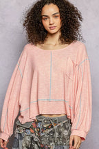 POL Womens Blouse Blush Pink Long Sleeve Exposed Seam Top with Chest Pocket BLUSH PINK POL_Womens_Blouse_Blush_Pink_Long_Sleeve_Exposed_Seam_Top_with_Chest_Pocket Trendsi
