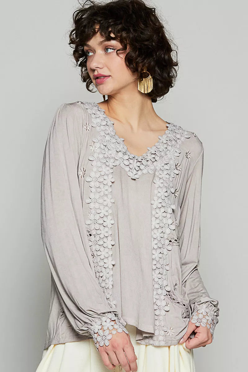 POL Womens Blouse Floral Embroidery Woven Top with Lace Trim ROMANTIC TAUPE POL_Womens_Blouse_Floral_Embroidery_Woven_Top_with_Lace_Trim Trendsi