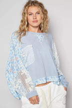 POL Womens Blouse Sky Blue Cropped Gauze Floral Top with Overlock Stitch SKY BLUE POL_Womens_Blouse_Sky_Blue_Cropped_Gauze_Floral_Top_with_Overlock_Stitch Trendsi