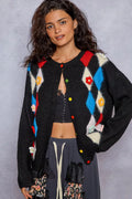 POL Womens Cardigan Black Diamond Pattern Round Neck Buttoned Sweater Black POL_Womens_Cardigan_Black_Diamond_Pattern_Round_Neck_Buttoned_Sweater Trendsi