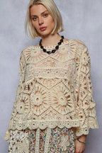 POL Womens Chrochet Top Cream Round Neck Weave Knit Pattern Cropped CREAM One Size POL_Womens_Chrochet_Top_Cream_Round_Neck_Weave_Knit_Pattern_Cropped Trendsi