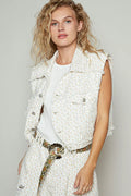 POL Womens Denim Vest Ivory Floral Assymetrical Front Closure Raw Hem IVORY APRICOT FLORAL POL_Womens_Denim_Vest_Ivory_Floral_Assymetrical_Front_Closure_Raw_Hem Trendsi