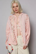 POL Womens Hooded Jacket Pink Exposed Seam with Floral Lace Detail POWDER PINK POL_Womens_Hooded_Jacket_Pink_Exposed_Seam_with_Floral_Lace_Detail Trendsi