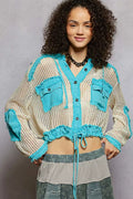 POL Womens Hooded Shirt Aqua Blue Texture Woven Top with Drawstring Hem AQUA BLUE MULTI POL_Womens_Hooded_Shirt_Aqua_Blue_Texture_Woven_Top_with_Drawstring_Hem Trendsi