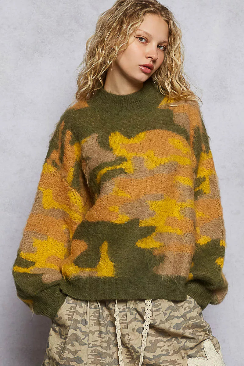 POL Womens Knit Sweater Olive Multi Abstract Colorblock Pattern Mock Neck OLIVE MULTI POL_Womens_Knit_Sweater_Olive_Multi_Abstract_Colorblock_Pattern_Mock_Neck Trendsi