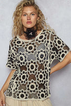 POL Womens Knit Top Crochet Black Beige Openwork Short Sleeve BLACK BEIGE One Size POL_Womens_Knit_Top_Crochet_Black_Beige_Openwork_Short_Sleeve Trendsi