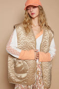 POL Womens Quilted Vest Coat Mocha Gold Front Zipper Floral with Front Pockets Mocha POL_Womens_Quilted_Vest_Coat_Mocha_Gold_Front_Zipper_Floral_with_Front_Pockets Trendsi