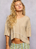 POL Womens Rib T-Shirt Cropped Short Sleeve with Contrast Stitch Detail WHEAT BEIGE POL_Womens_Rib_T-Shirt_Cropped_Short_Sleeve_with_Contrast_Stitch_Detail Trendsi