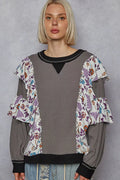 POL Womens Sweater Black Gray Round Neck Top with Floral Ruffle Detail CHARCOAL POL_Womens_Sweater_Black_Gray_Round_Neck_Top_with_Floral_Ruffle_Detail Trendsi