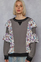 POL Womens Sweater Black Gray Round Neck Top with Floral Ruffle Detail CHARCOAL POL_Womens_Sweater_Black_Gray_Round_Neck_Top_with_Floral_Ruffle_Detail Trendsi