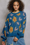 POL Womens Sweater Blue Floral Pattern Round Neck Balloon Sleeve Pullover LAPIS BLUE POL_Womens_Sweater_Blue_Floral_Pattern_Round_Neck_Balloon_Sleeve_Pullover Trendsi