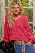 POL Womens Sweater Fuchsia Cable-Knit Solid V-Neck Cropped Oversized FUCHSIA POL_Womens_Sweater_Fuchsia_Cable-Knit_Solid_V-Neck_Cropped_Oversized Trendsi