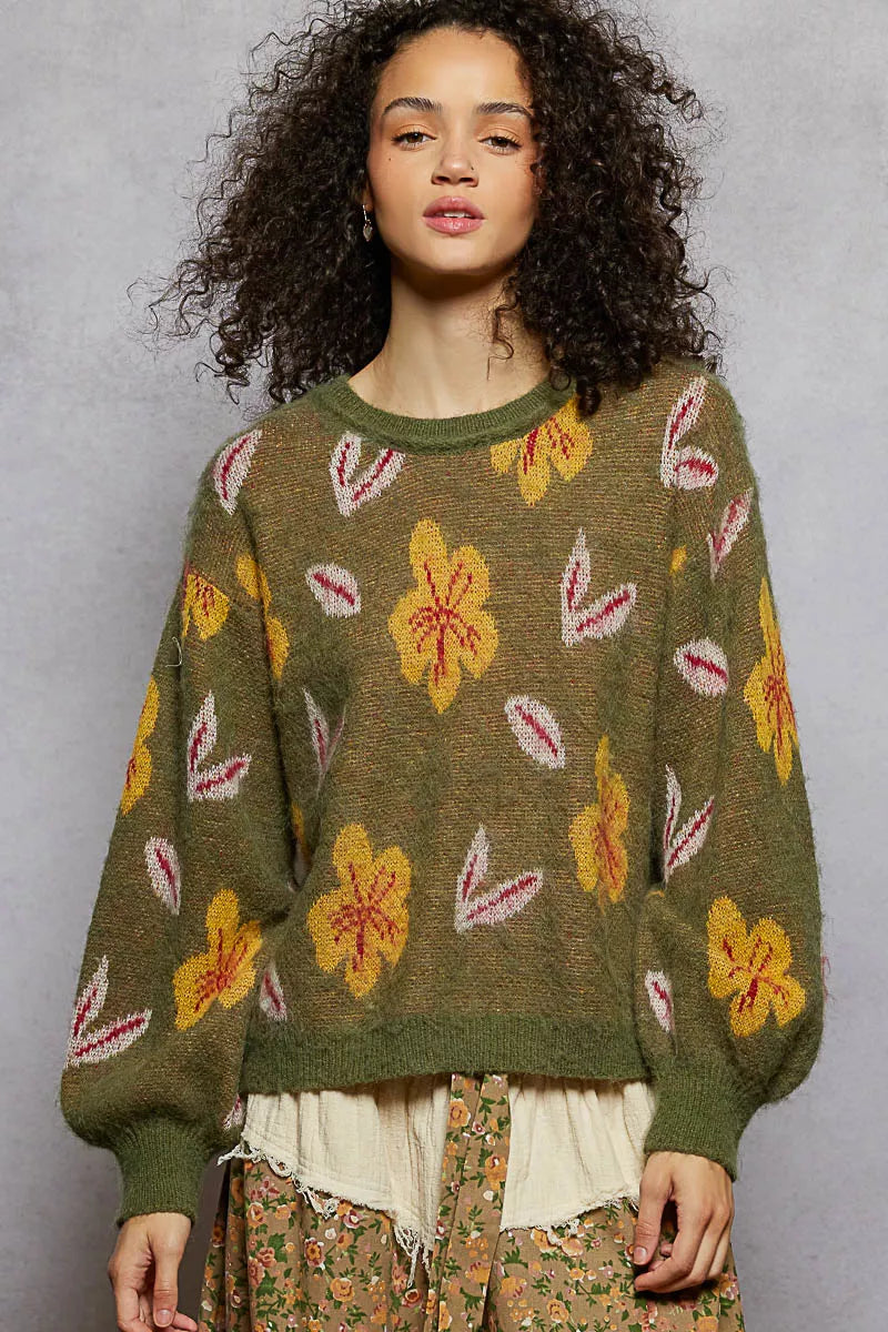 POL Womens Sweater Olive Floral Pattern Round Neck Balloon Sleeve 