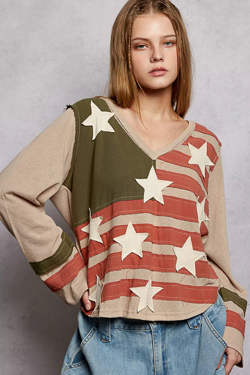 POL Womens T-Shirt Double Gauze American Flag Patch V-Neck Long Sleeve MOCHA MULTI POL_Womens_T-Shirt_Double_Gauze_American_Flag_Patch_V-Neck_Long_Sleeve Trendsi