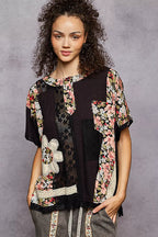 POL Womens T-shirt Black Floral Lace Short Sleeve Top with Patch Detail Black POL_Womens_T-shirt_Black_Floral_Lace_Short_Sleeve_Top_with_Patch_Detail Trendsi