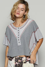 POL Womens T-shirt Gray Short Sleeve Contrast Stitch Top with Back Strap GREY MULTI POL_Womens_T-shirt_Gray_Short_Sleeve_Contrast_Stitch_Top_with_Back_Strap Trendsi