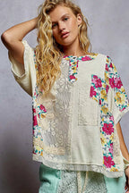 POL Womens T-shirt Lace Round Neck Short Sleeve Floral Pattern Top NATURAL POL_Womens_T-shirt_Lace_Round_Neck_Short_Sleeve_Floral_Pattern_Top Trendsi
