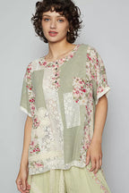 POL Womens T-shirt Sage Lace Round Neck Short Sleeve Floral with Patch Detail Sage POL_Womens_T-shirt_Sage_Lace_Round_Neck_Short_Sleeve_Floral_with_Patch_Detail Trendsi