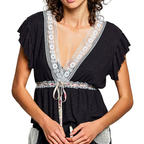 POL Black Blouse Lace V-Neck Contrast Floral Tied Ruffled Short Sleeve Boho Top