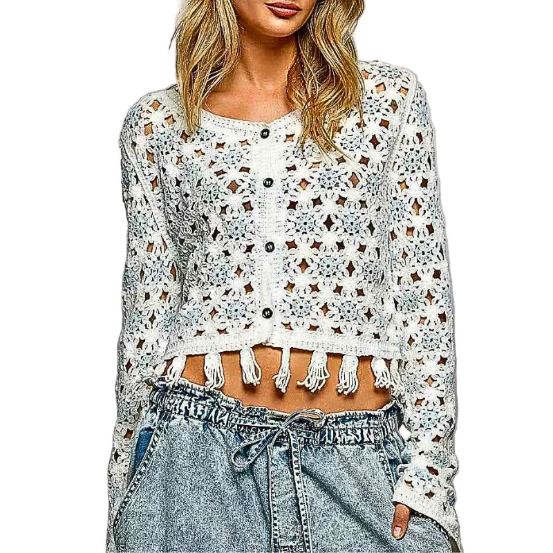 POL Crochet Cardigan Floral Open-knit Tassel Hem Cropped Long Sleeve Boho Top