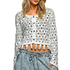 POL Crochet Cardigan Floral Open-knit Tassel Hem Cropped Long Sleeve Boho Top