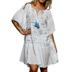 POL Loose Ivory Mini Dress Embroidered Tied Tassel Half Flared Sleeves Cotton
