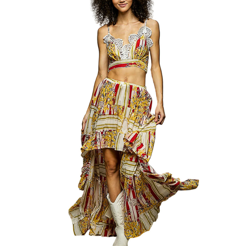 POL Boho Chic Outfit Set Floral Print Crop Tank Top and High-Low Skirt Two-Piece Set