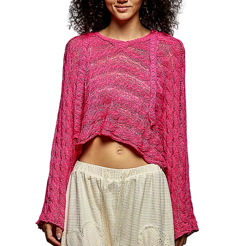 POL Crochet Oversized Sweater Hoodie Hot Pink Open-knit Long Sleeves Knit Top