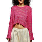 POL Crochet Oversized Sweater Hoodie Hot Pink Open-knit Long Sleeves Knit Top