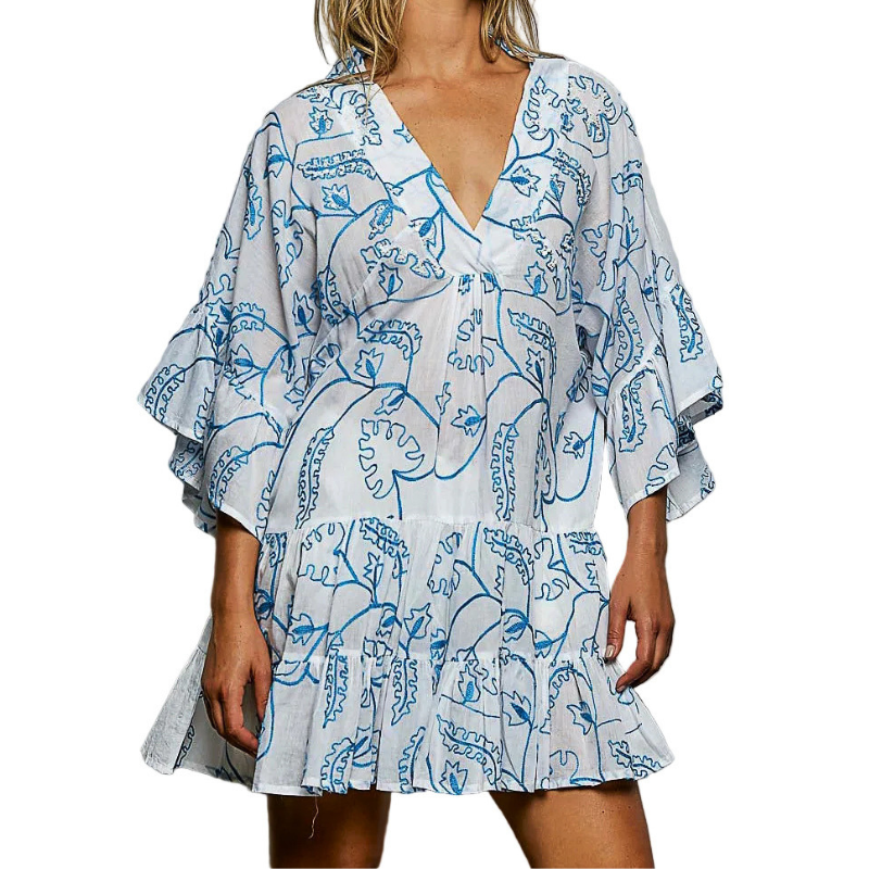 POL Floral Mini Dress Cotton V-Neck Ruffle Layered Ivory Blue Summer Beach
