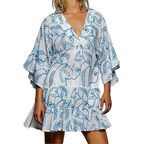 POL Floral Mini Dress Cotton V-Neck Ruffle Layered Ivory Blue Summer Beach