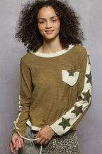 POL omens Blouse Olive Round Neck Long Sleeve T-Shirt with Star Patch OLIVE POL_omens_Blouse_Olive_Round_Neck_Long_Sleeve_T-Shirt_with_Star_Patch Trendsi