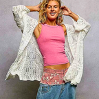 POL Oversized Knit Long Cardigan Off White Crochet Open-knit Lightweight Top